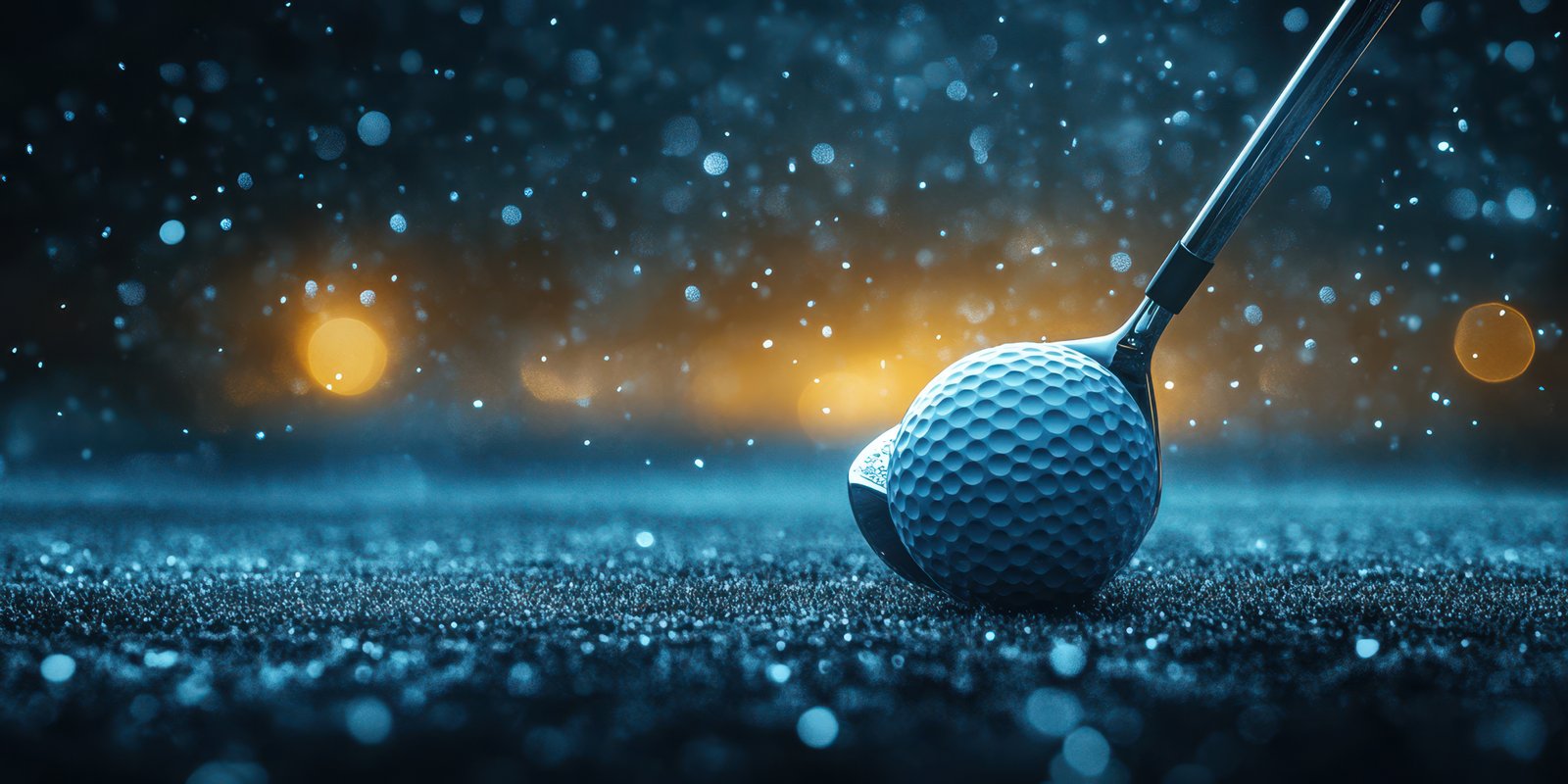 Close-up view of a golf ball and club during a nighttime swing on a rainy course with dynamic lighting effects